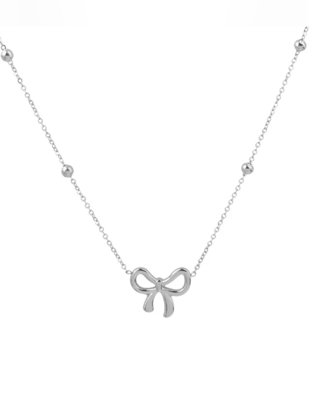 Silver Tone Bow Beaded Chain Necklace | Stainless Steel
